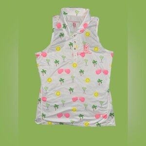 TJ Sport Beach Party Razorback Tropical Print Sleeveless Golf Resort Polo Shirt